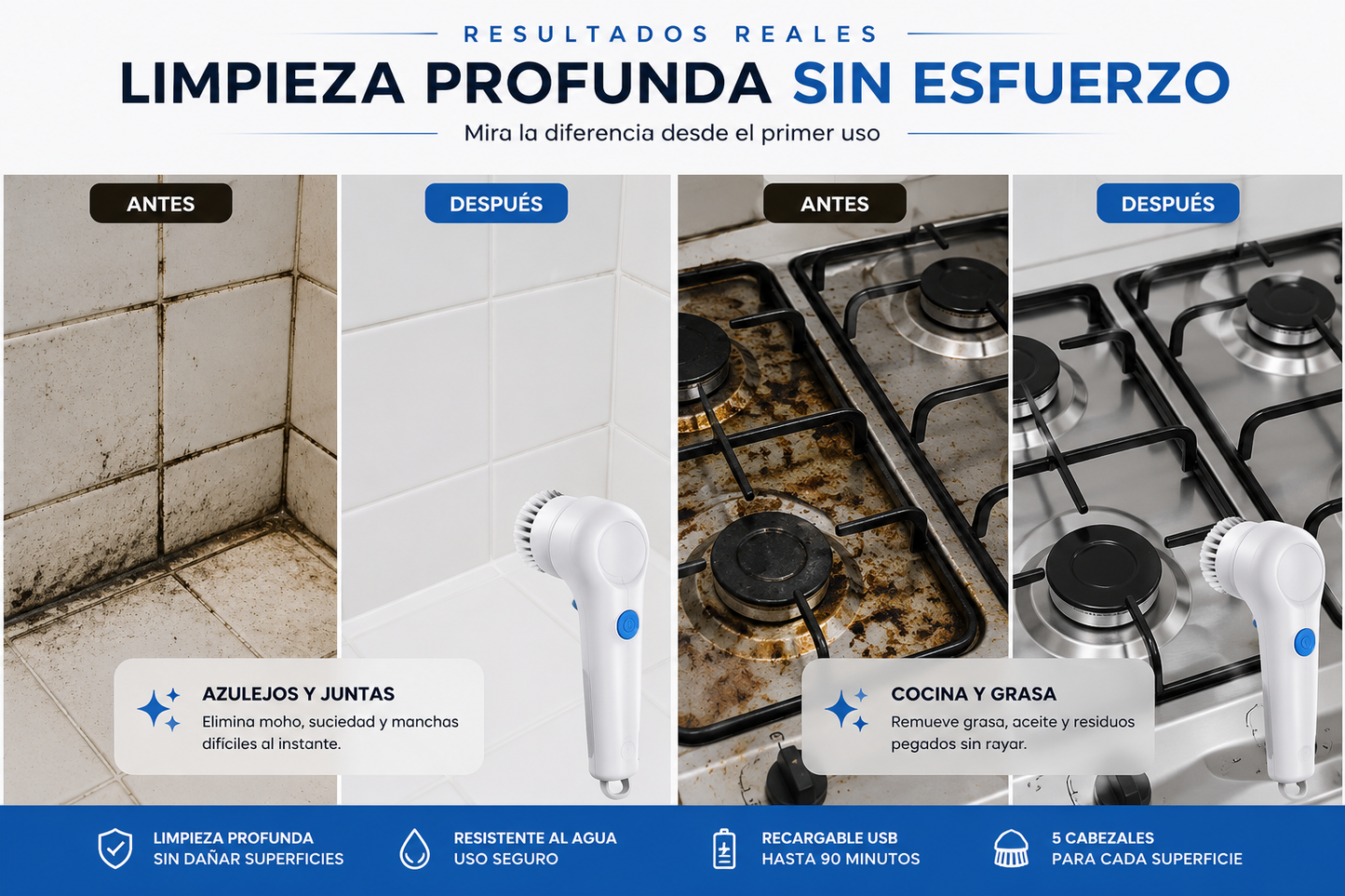PowerScrub Pro™ | Cepillo Eléctrico Recargable 5 en 1 para Limpieza Profunda